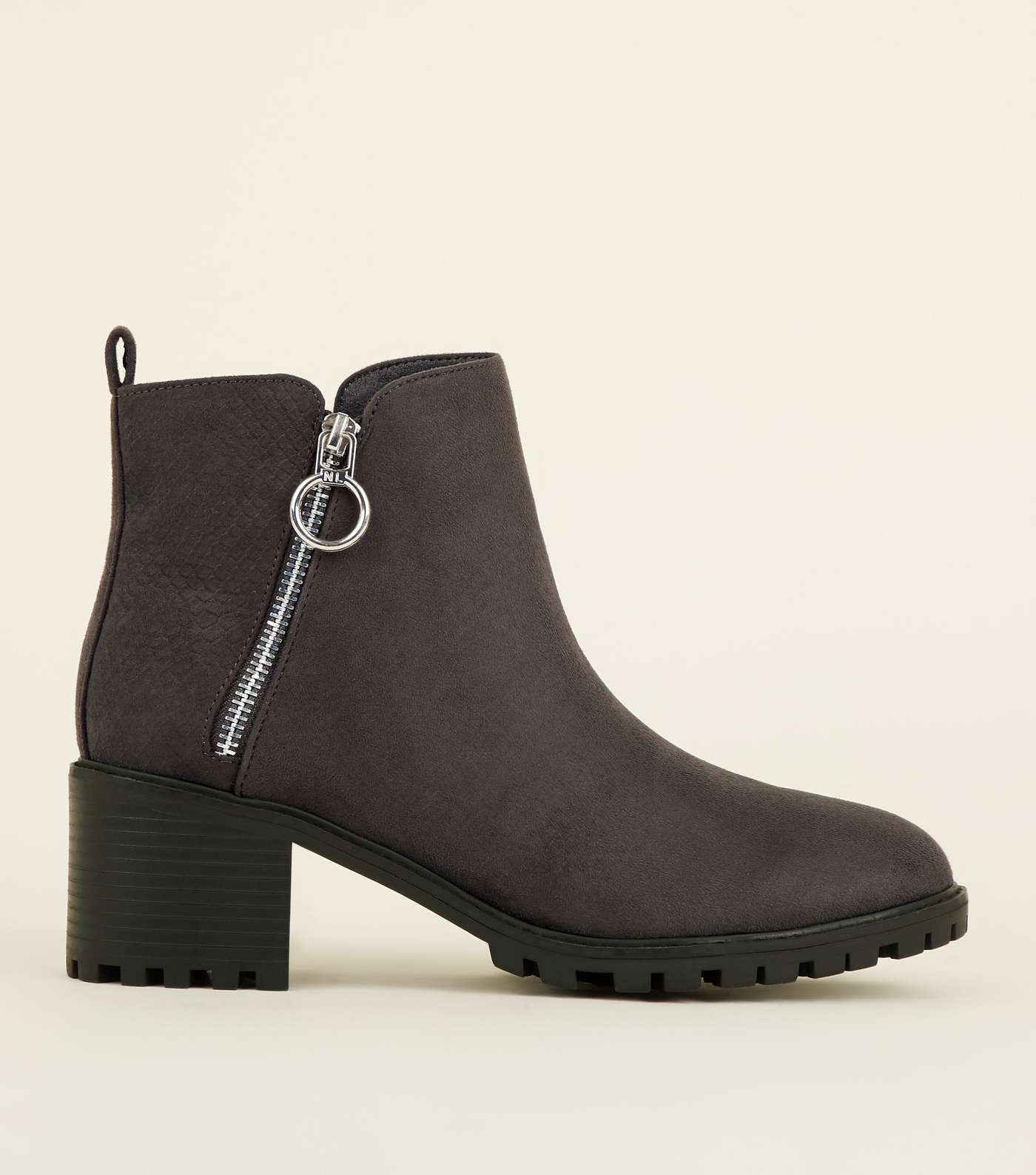 Grey Ring Zip Cleated Sole Ankle Boots