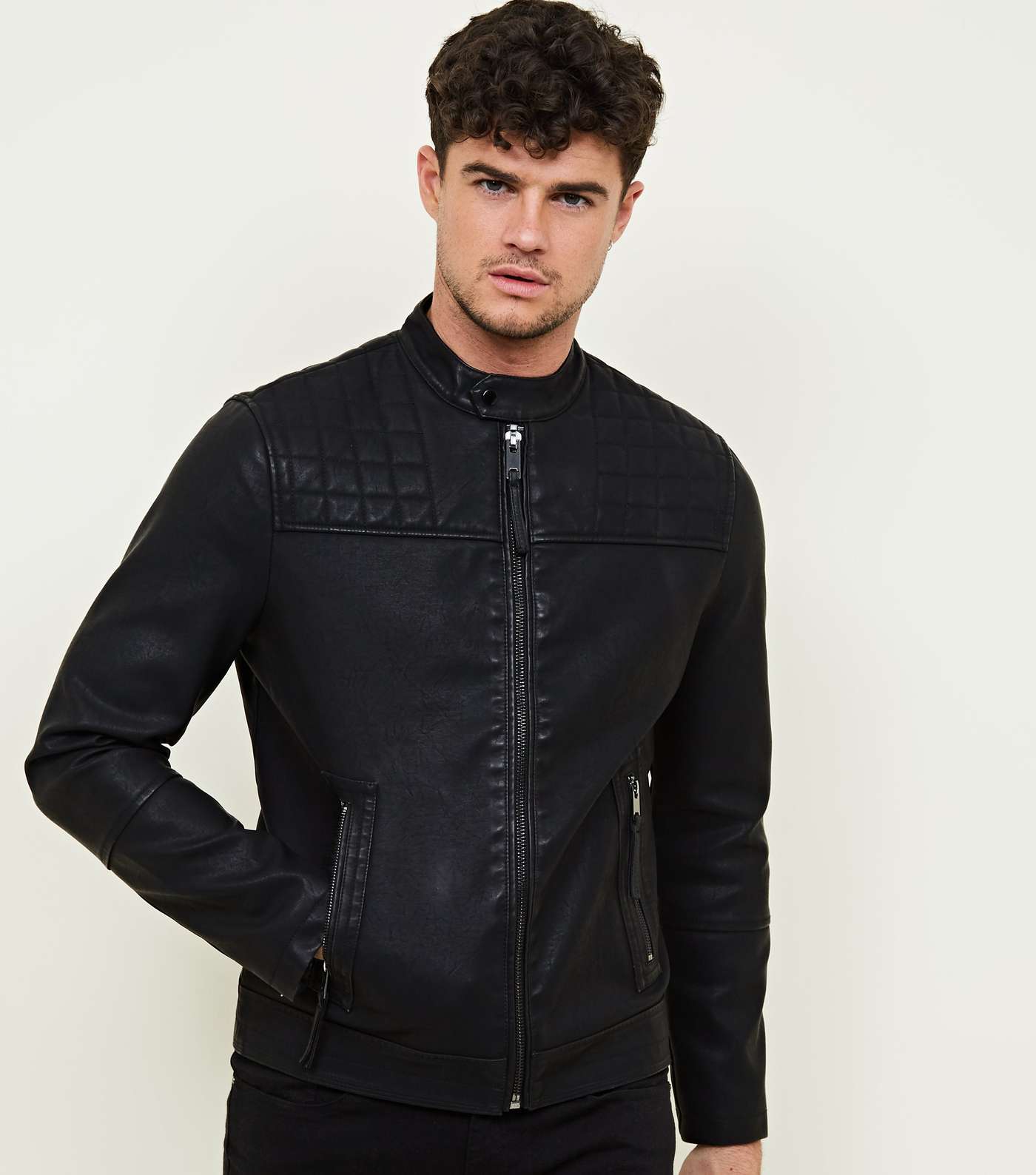 Black Collarless Leather-Look Biker Jacket 