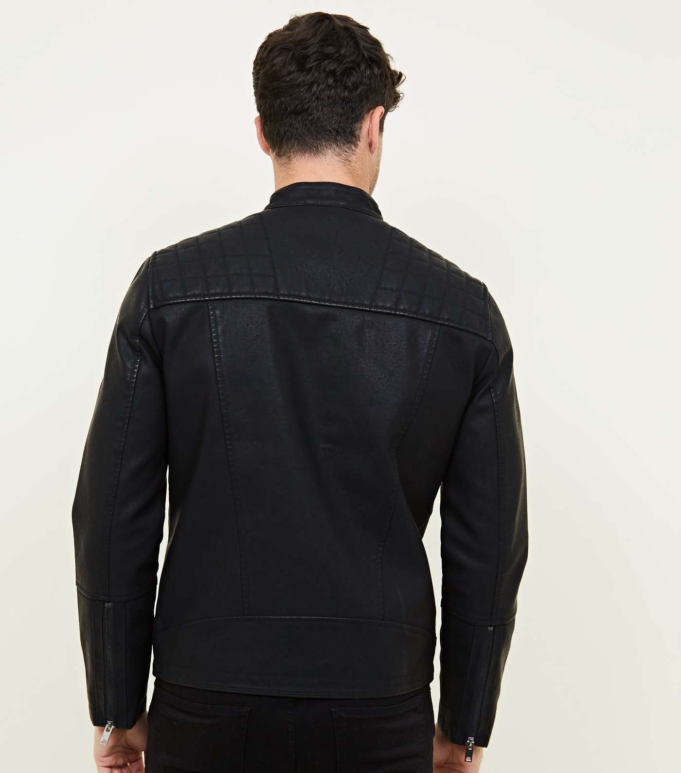 Black Collarless Leather-Look Biker Jacket  Image 3