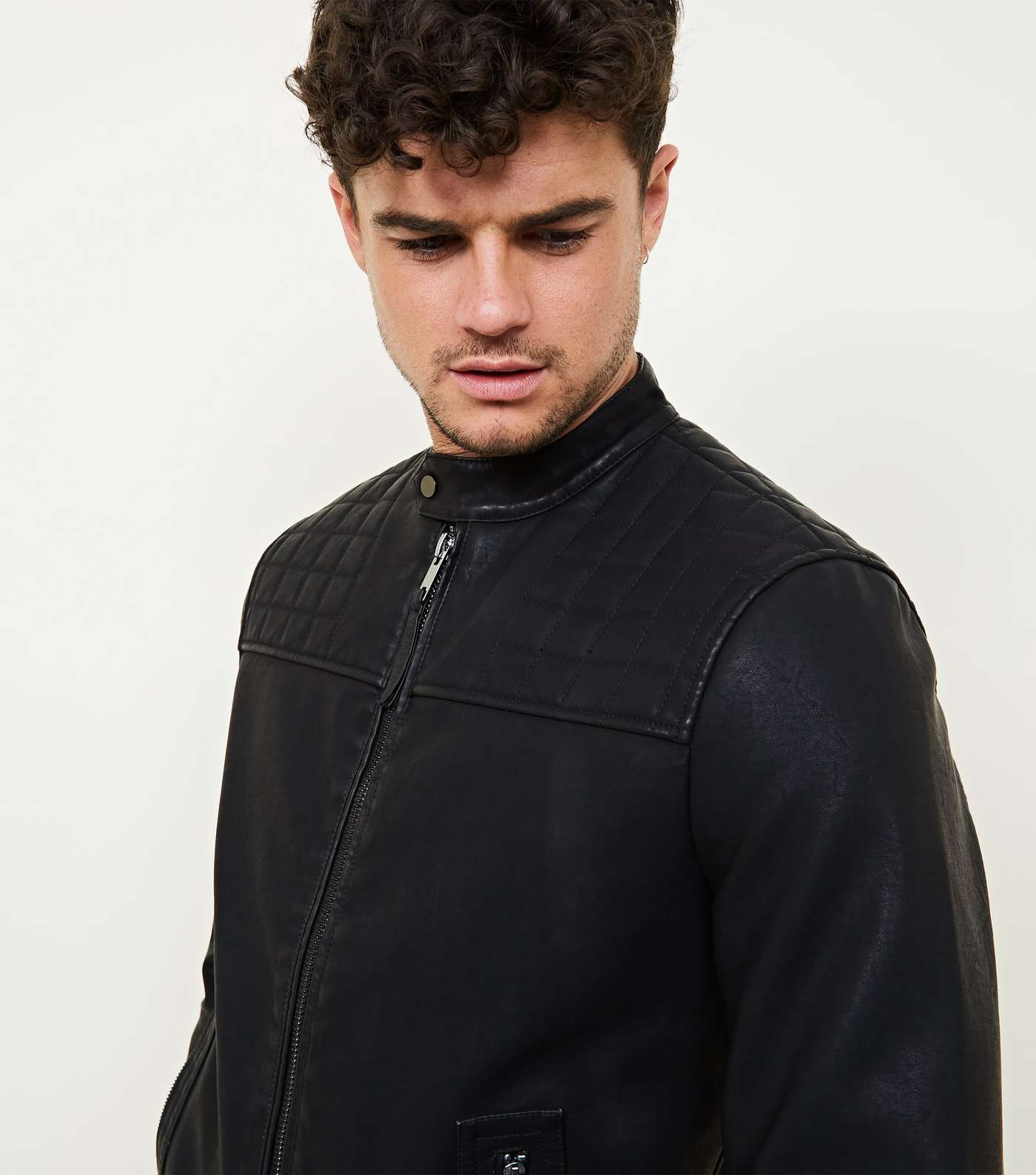 Black Collarless Leather-Look Biker Jacket  Image 5