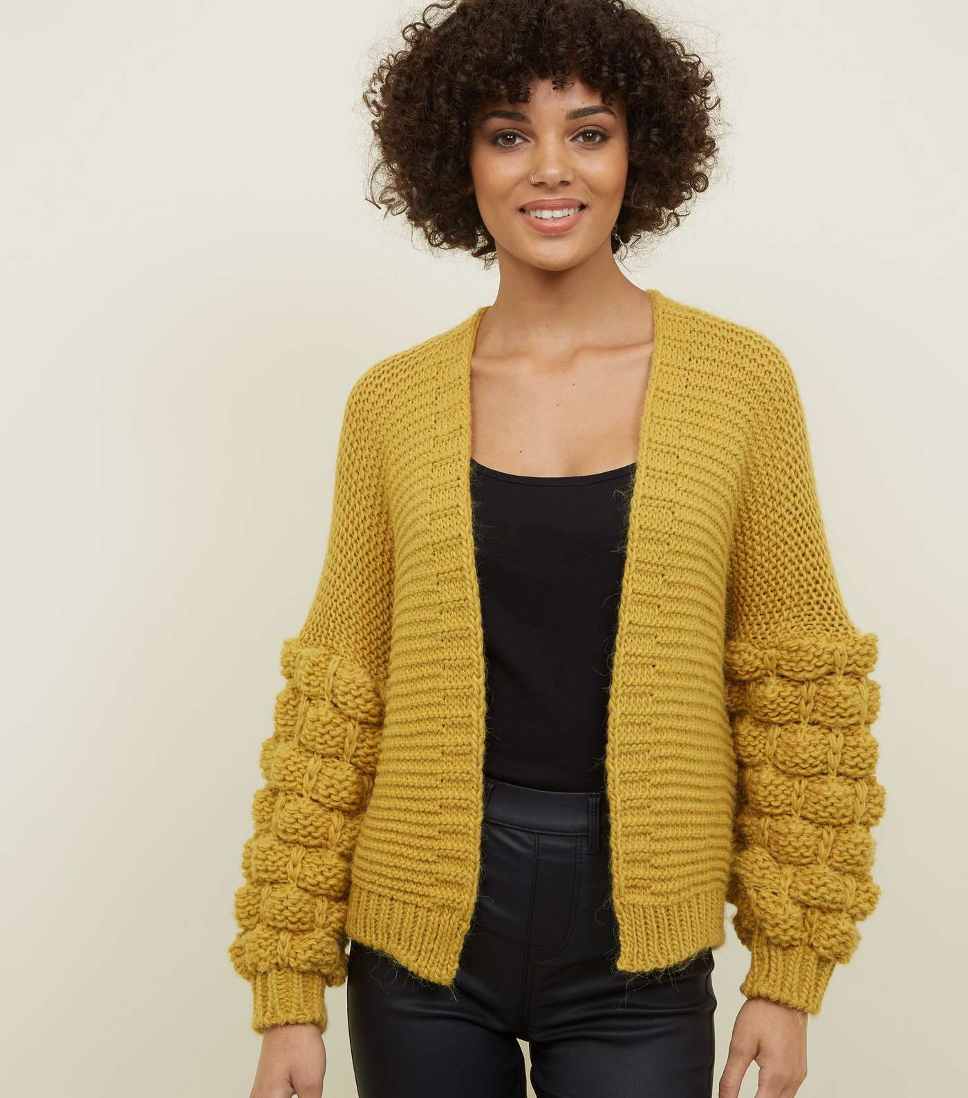 Cameo Rose Mustard Bubble Sleeve Knitted Cardigan 