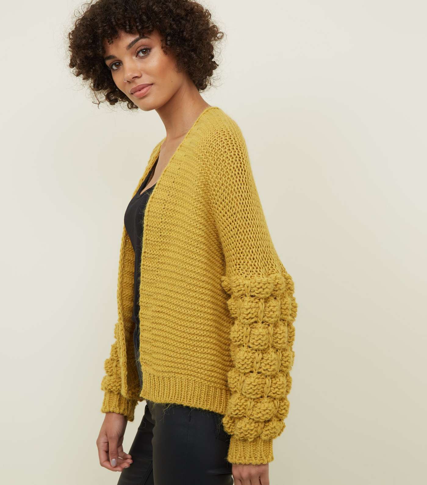 Cameo Rose Mustard Bubble Sleeve Knitted Cardigan  Image 3