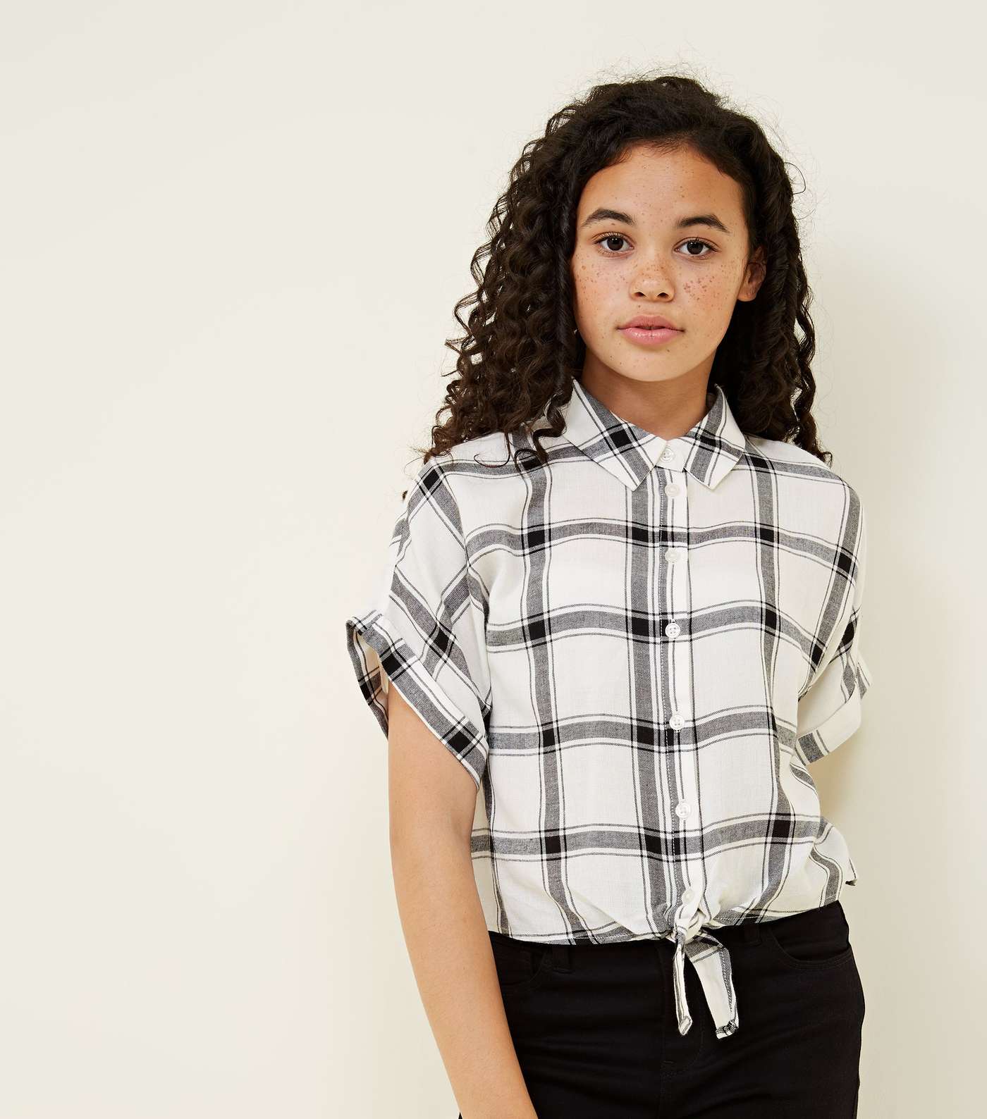 Girls White Woven Check Tie Front Shirt 
