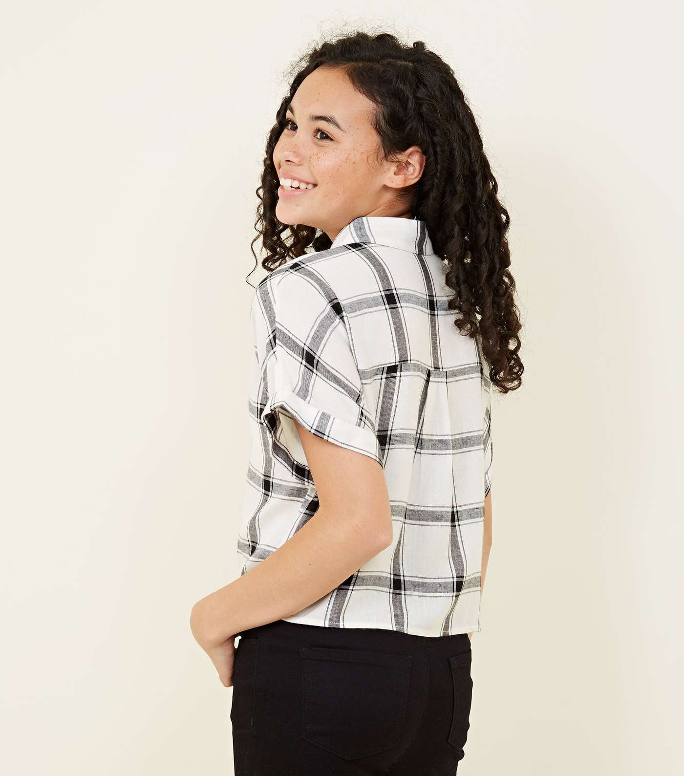 Girls White Woven Check Tie Front Shirt  Image 3