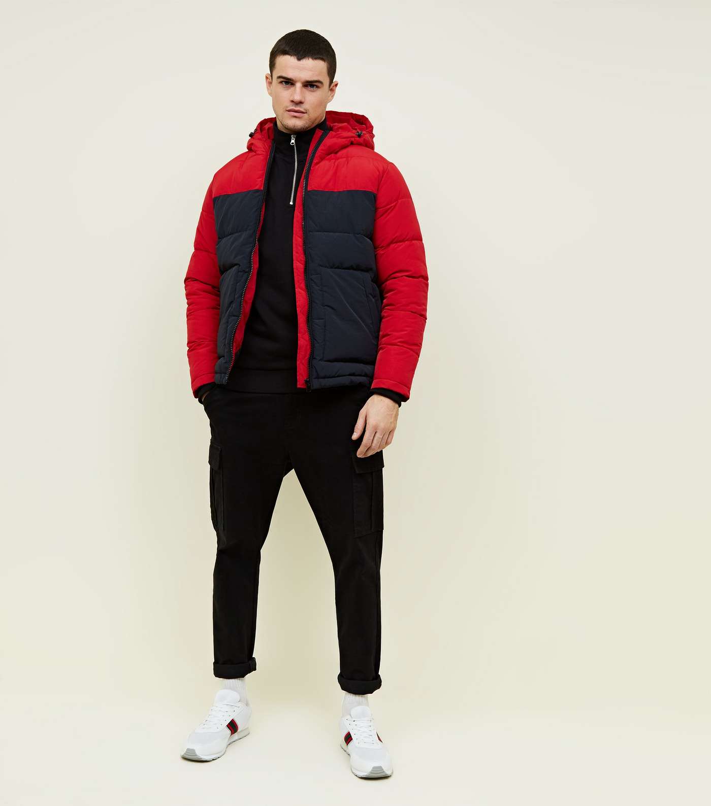 Red and Navy Colour Block Puffer Jacket Image 2