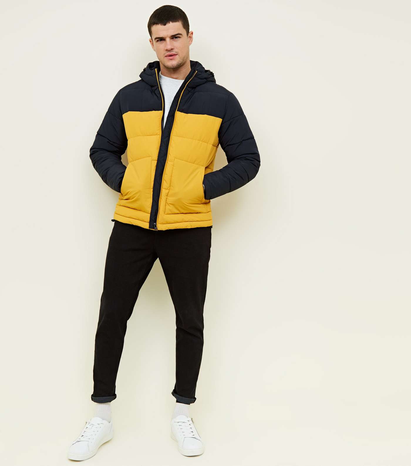 Yellow and Navy Colour Block Puffer Jacket Image 2