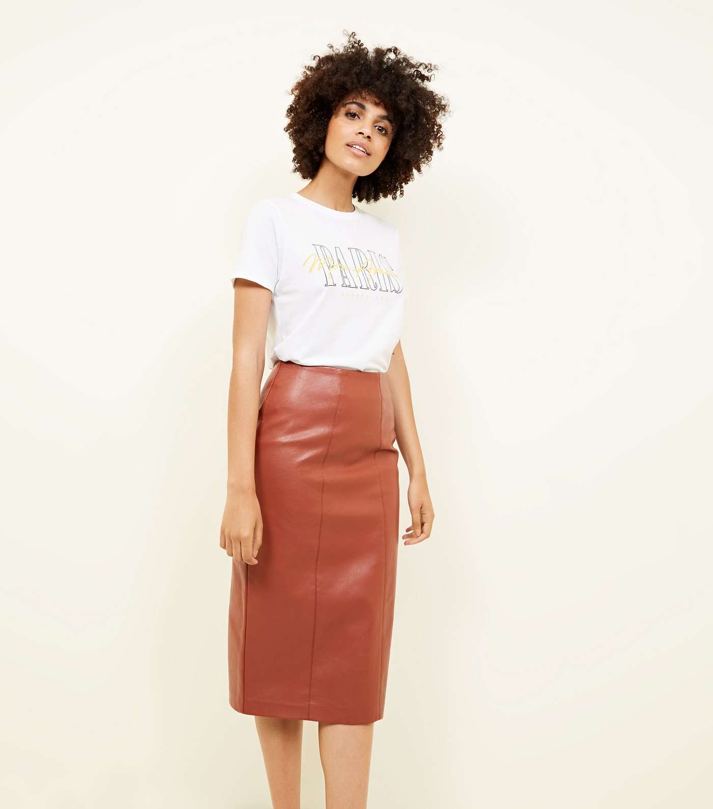 Tan Leather-Look Pencil Skirt Image 2