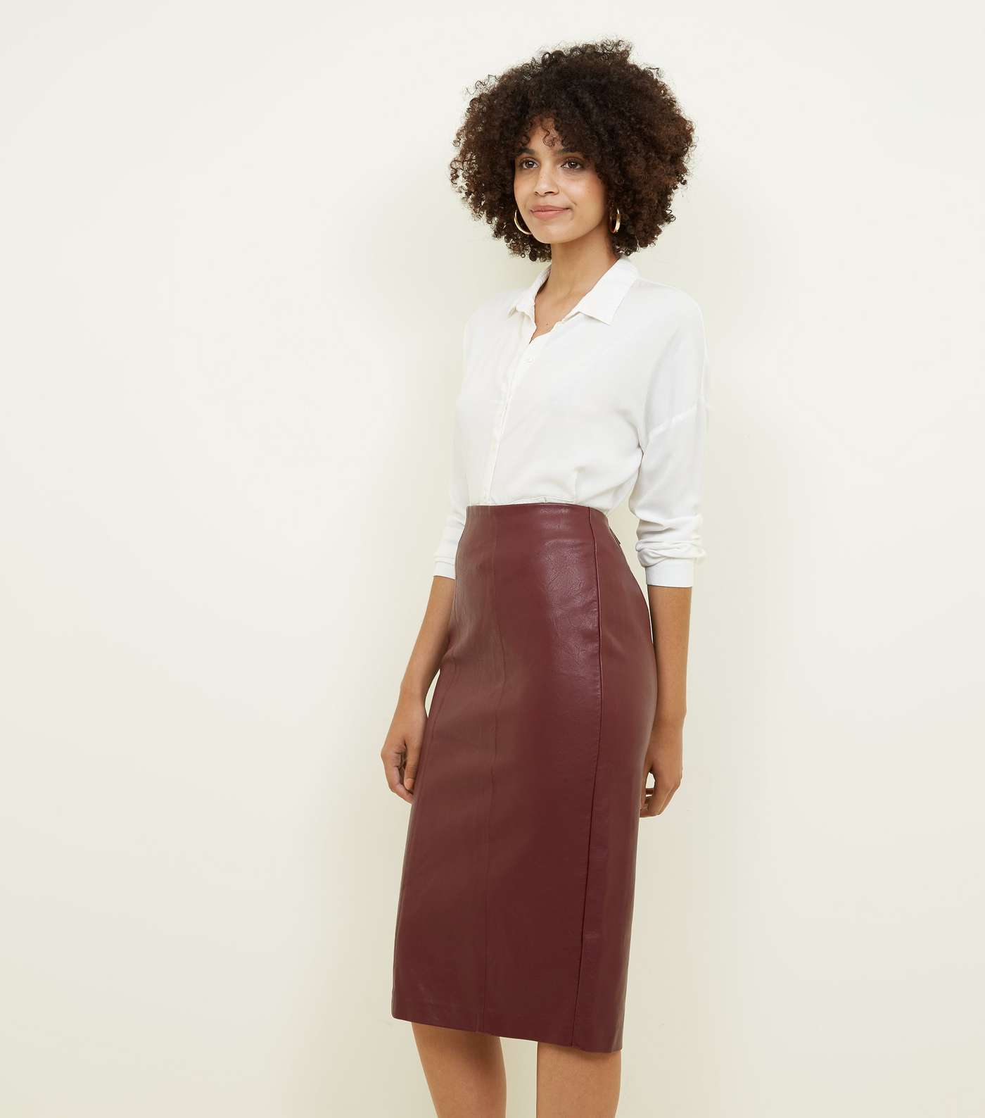 Burgundy Leather-Look Pencil Skirt