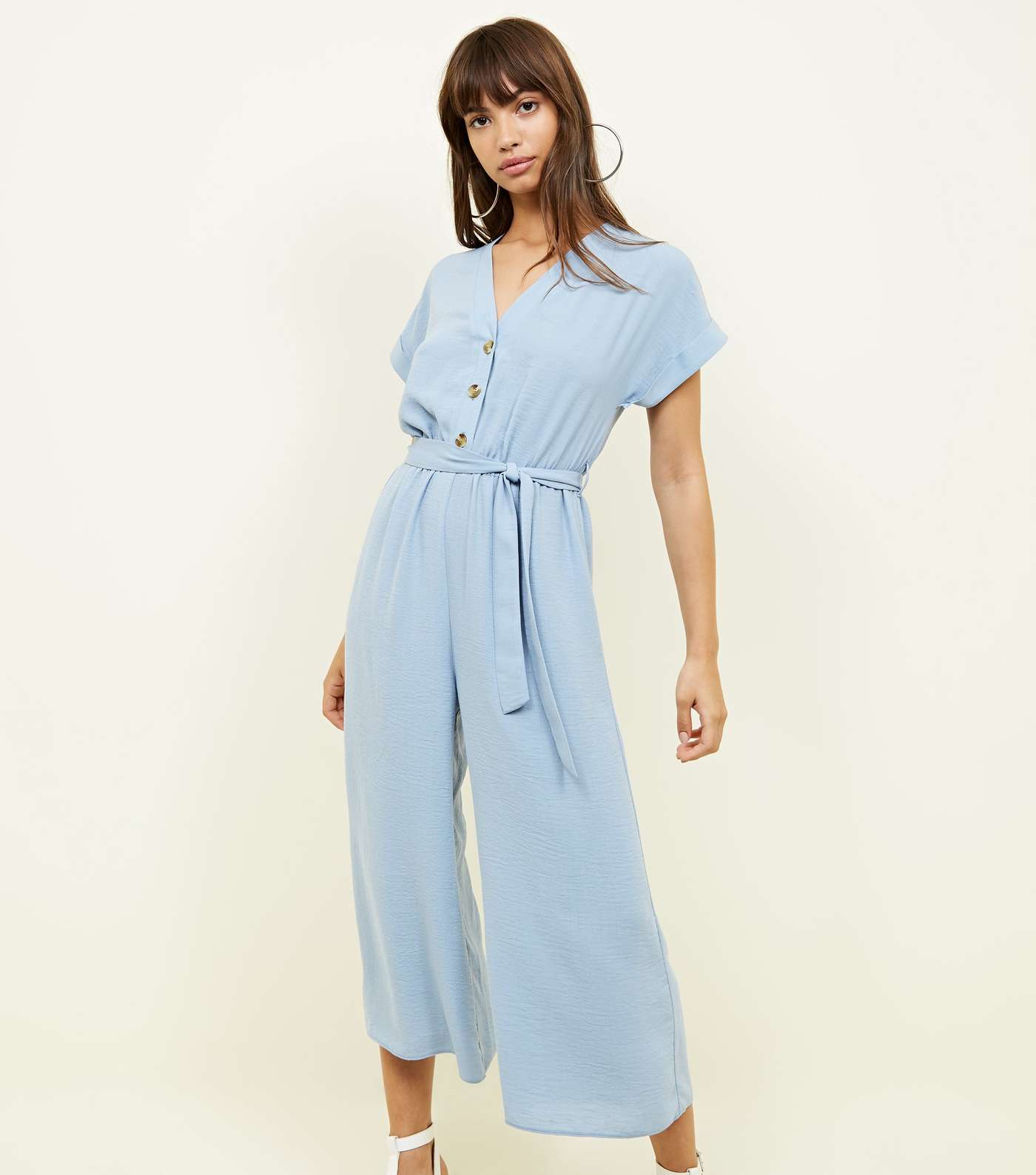 Blue Linen-Look Button Up Culotte Jumpsuit