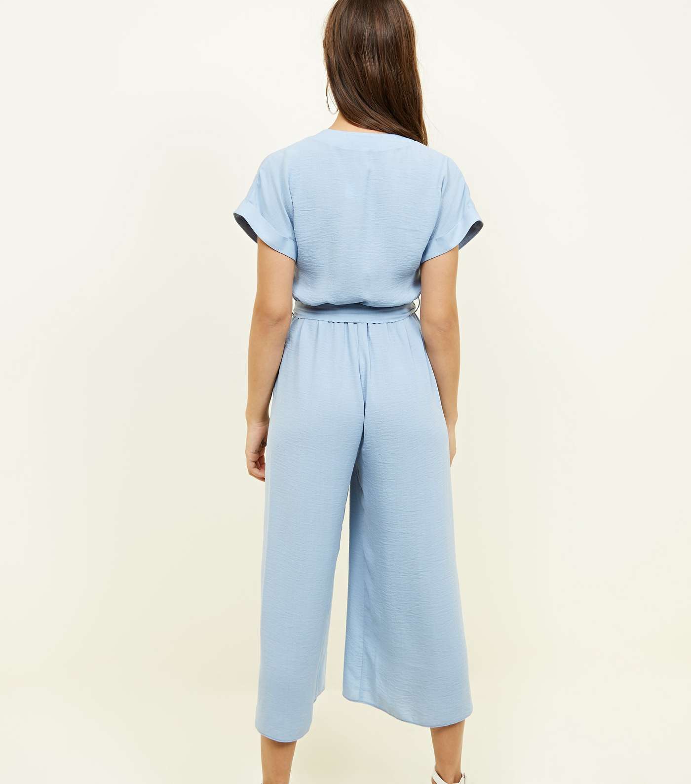 Blue Linen-Look Button Up Culotte Jumpsuit Image 3