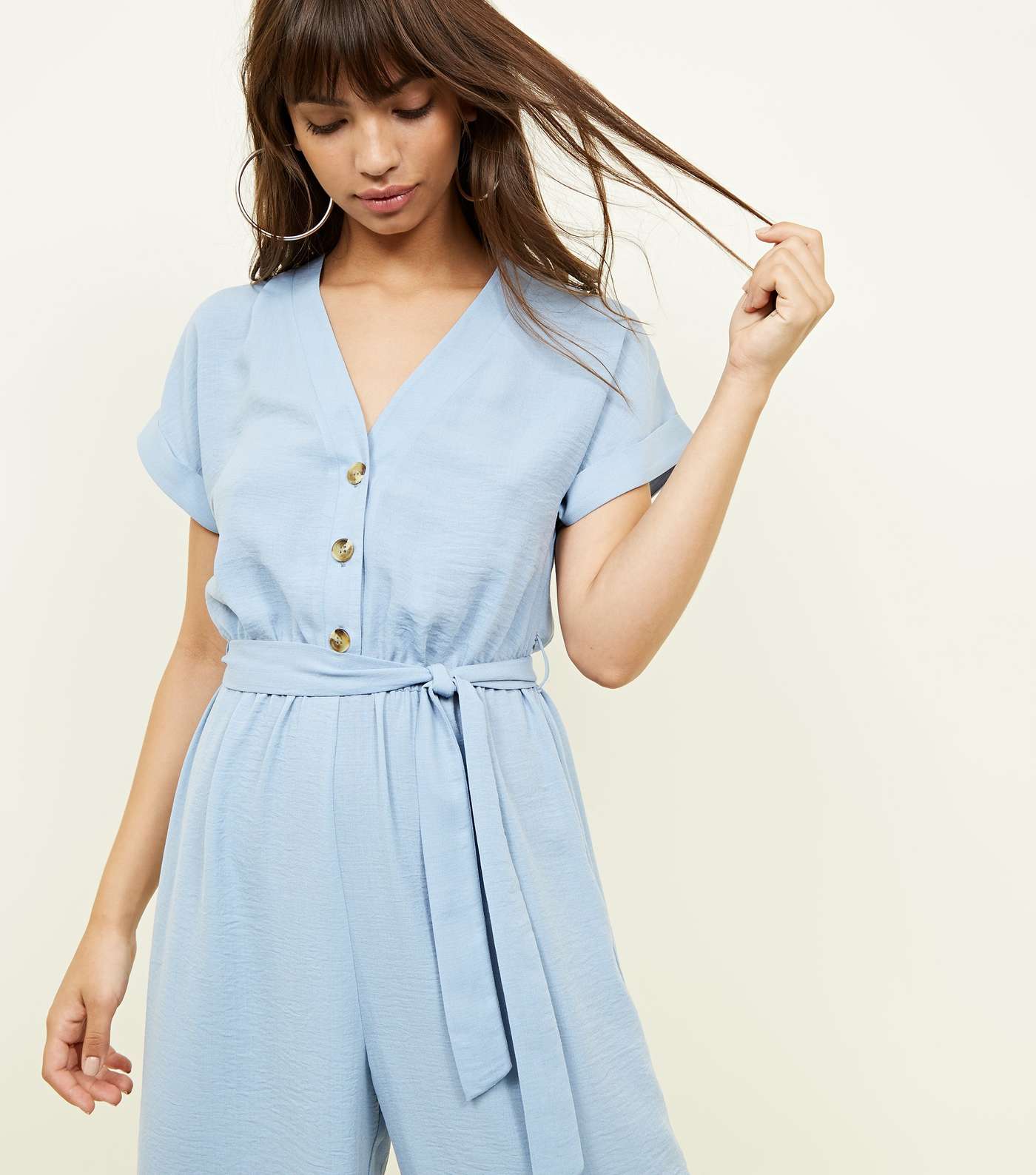 Blue Linen-Look Button Up Culotte Jumpsuit Image 5