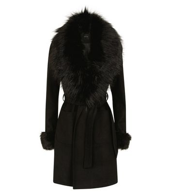 black detachable faux fur trim coat