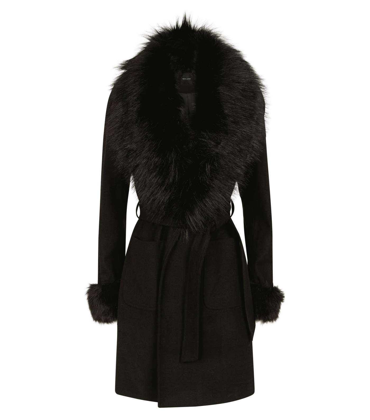 Black Detachable Faux Fur Trim Coat Image 4