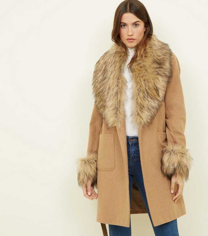 Camel Detachable Faux Fur Trim Coat