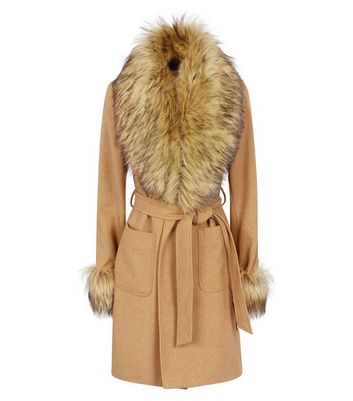 Camel Detachable Faux Fur Trim Coat New Look