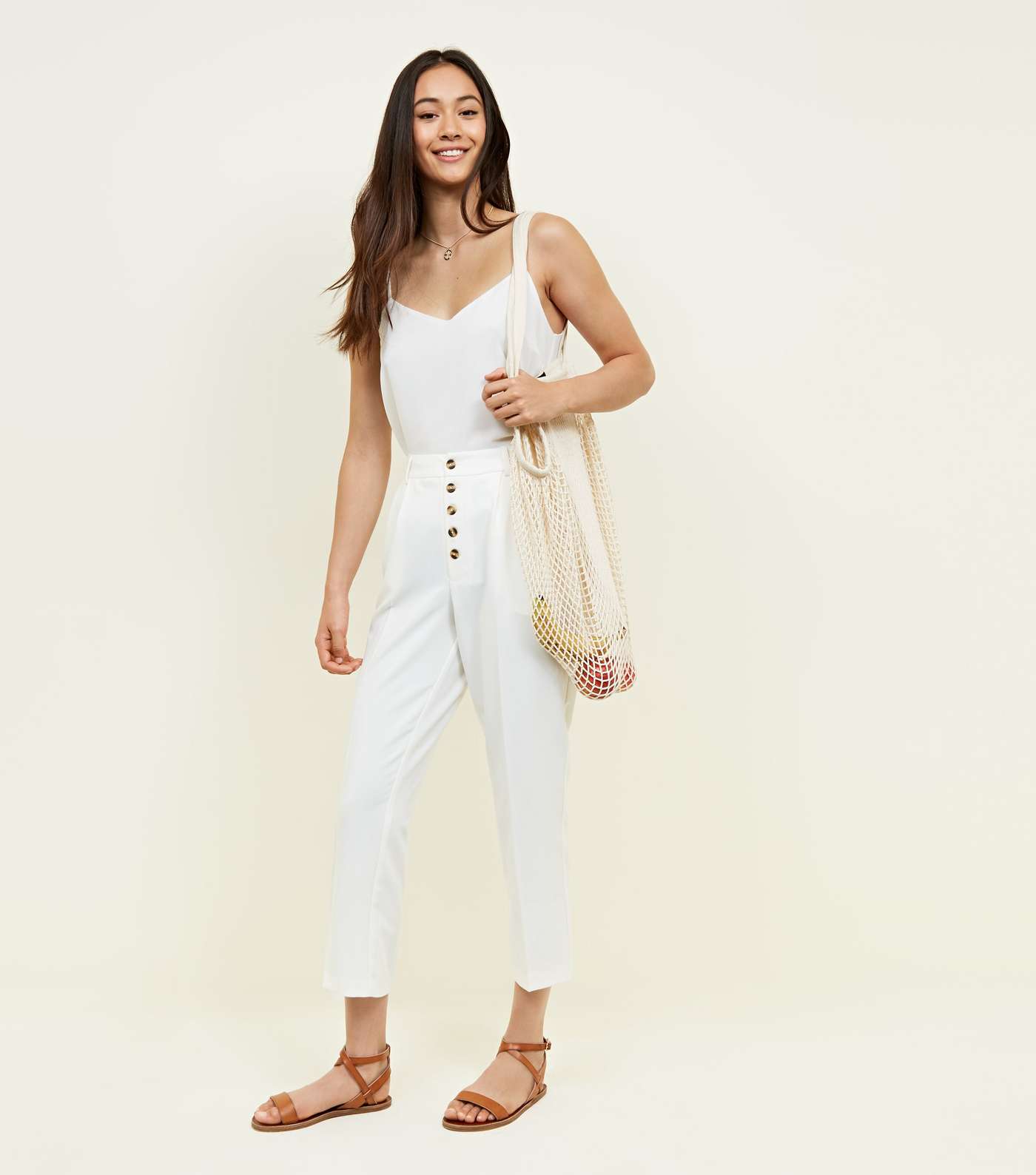 White Button Front Tapered Trousers