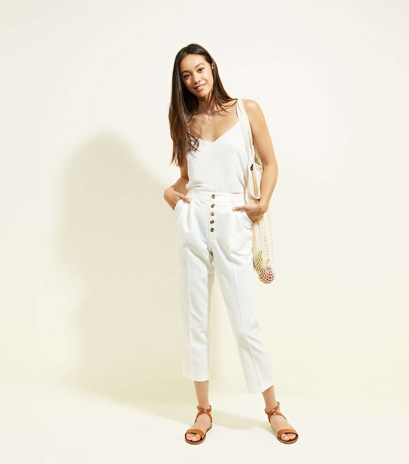 White Button Front Tapered Trousers Image 5