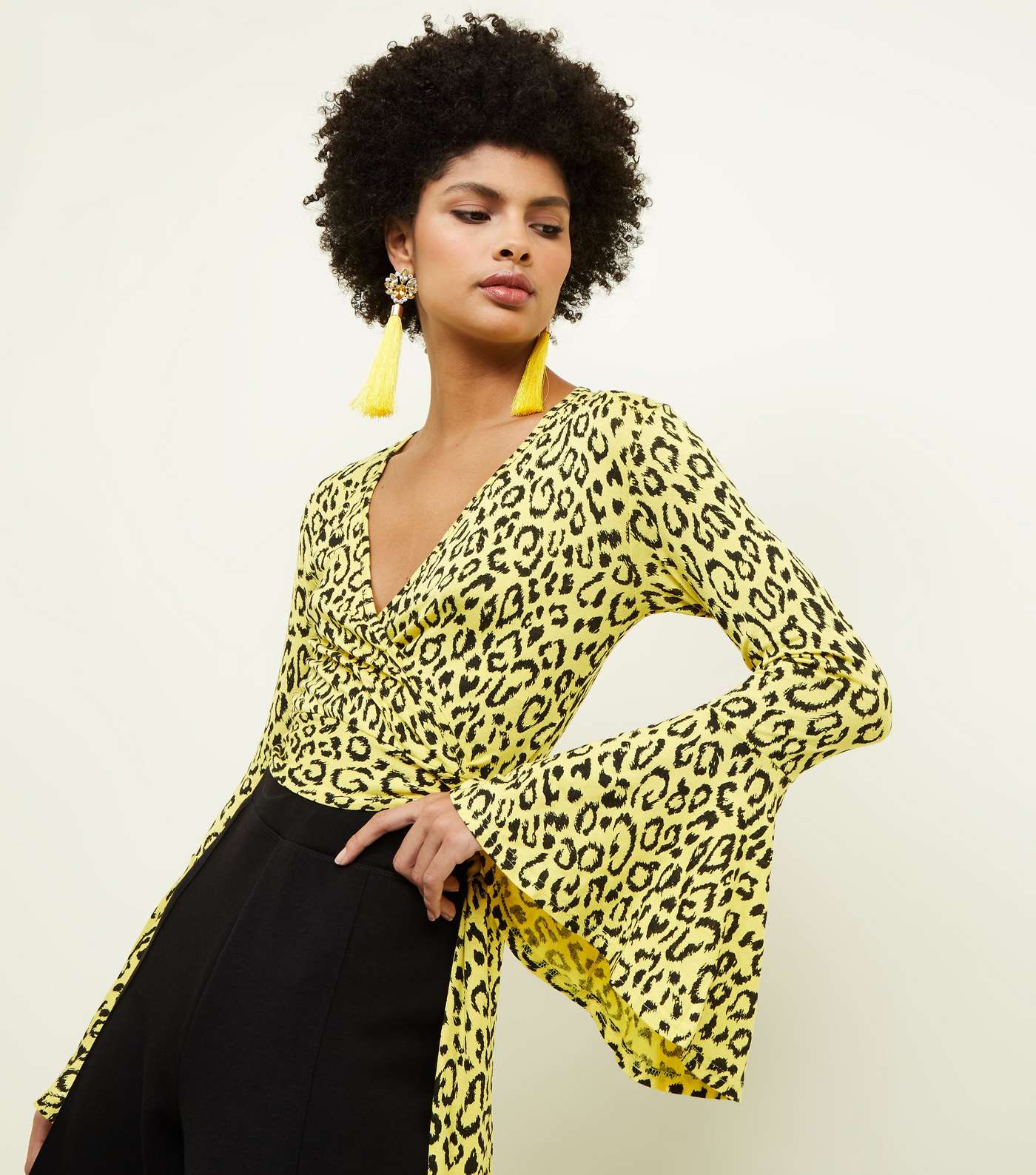 Yellow Leopard Print Bell Sleeve Wrap Top