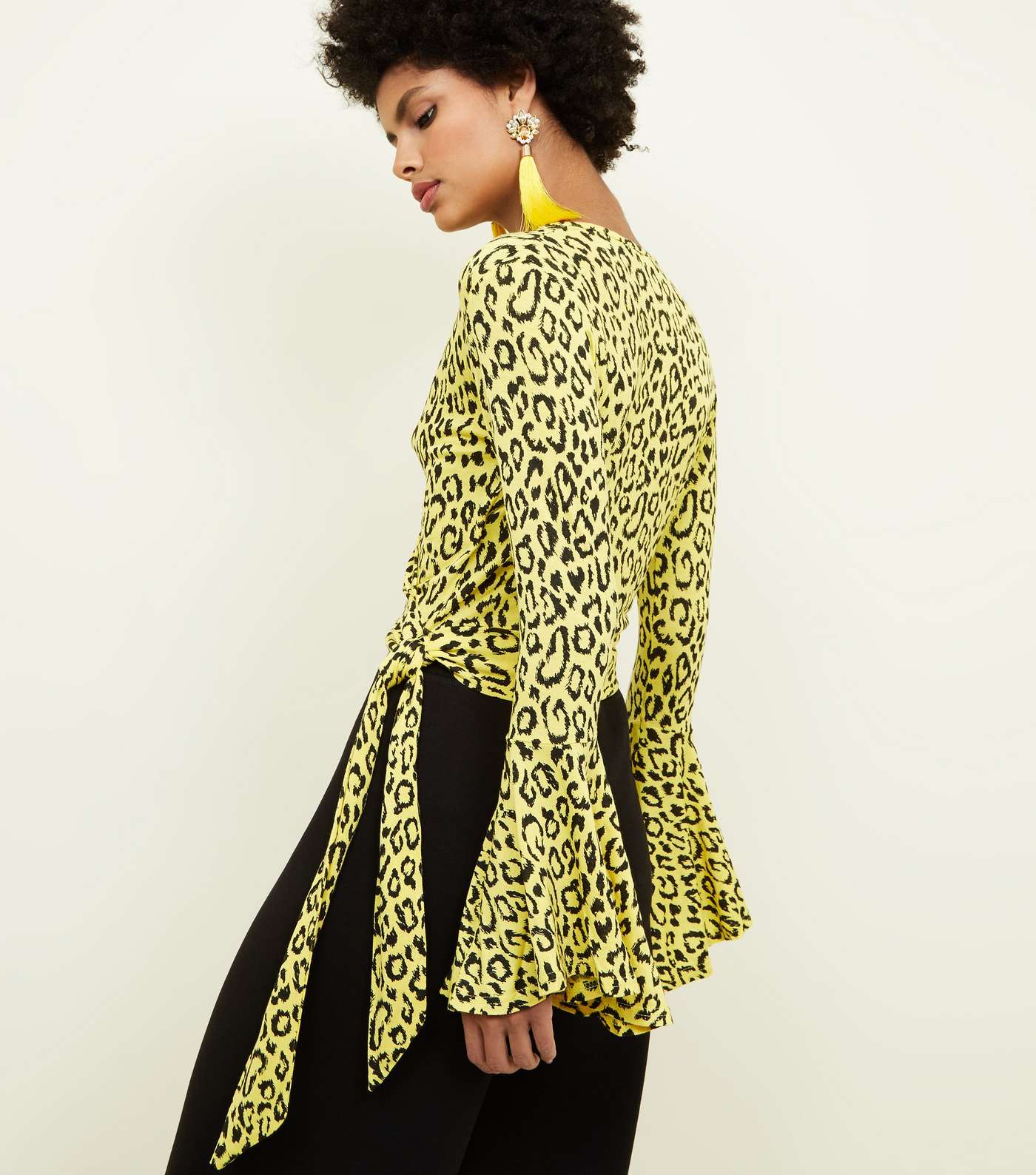 Yellow Leopard Print Bell Sleeve Wrap Top Image 3