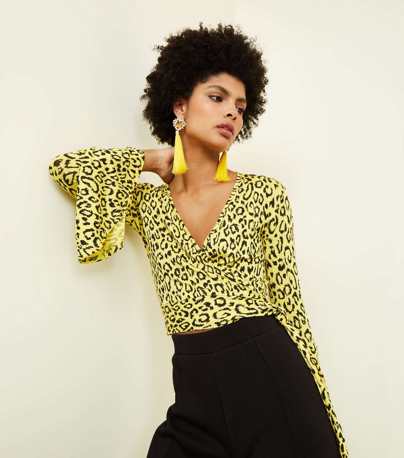 Yellow Leopard Print Bell Sleeve Wrap Top Image 5