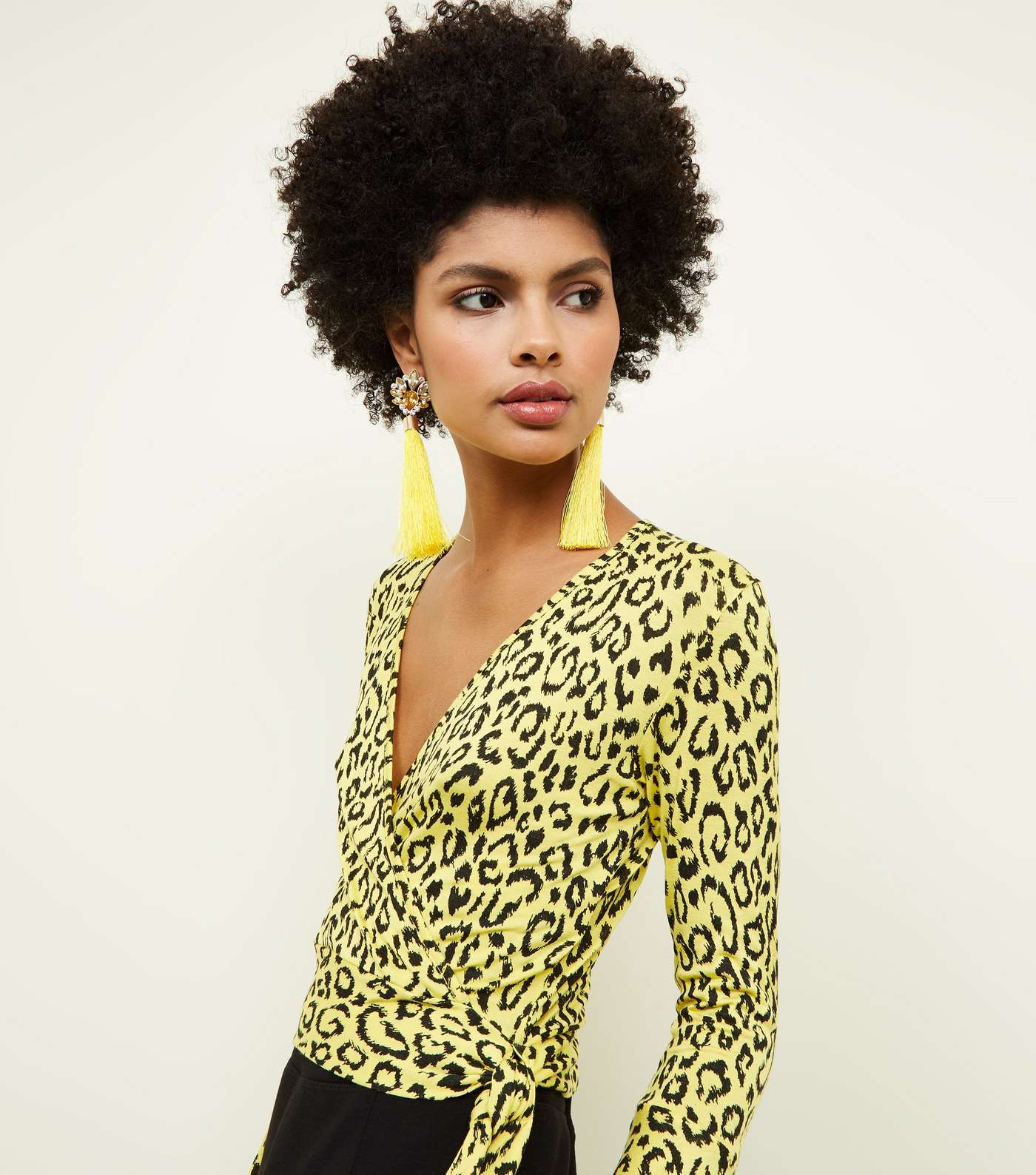 Yellow Leopard Print Bell Sleeve Wrap Top Image 7