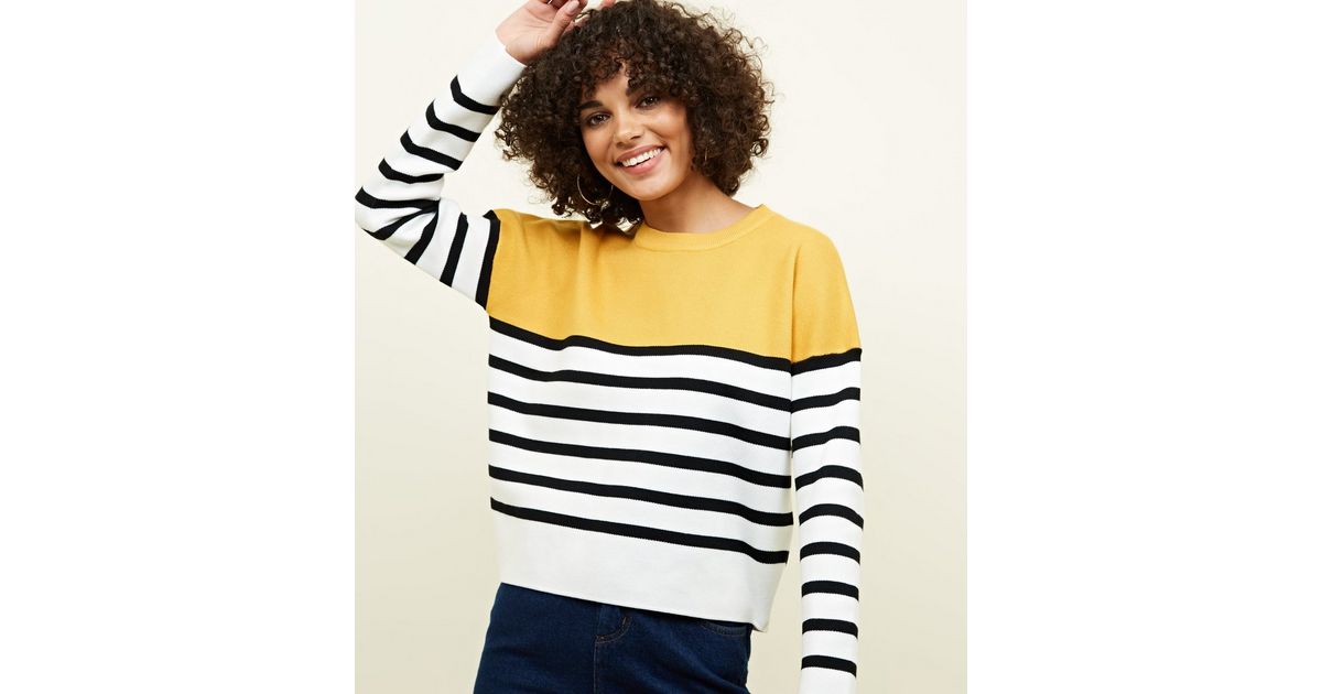 Mustard Stripe Colour Block Jumper New Look