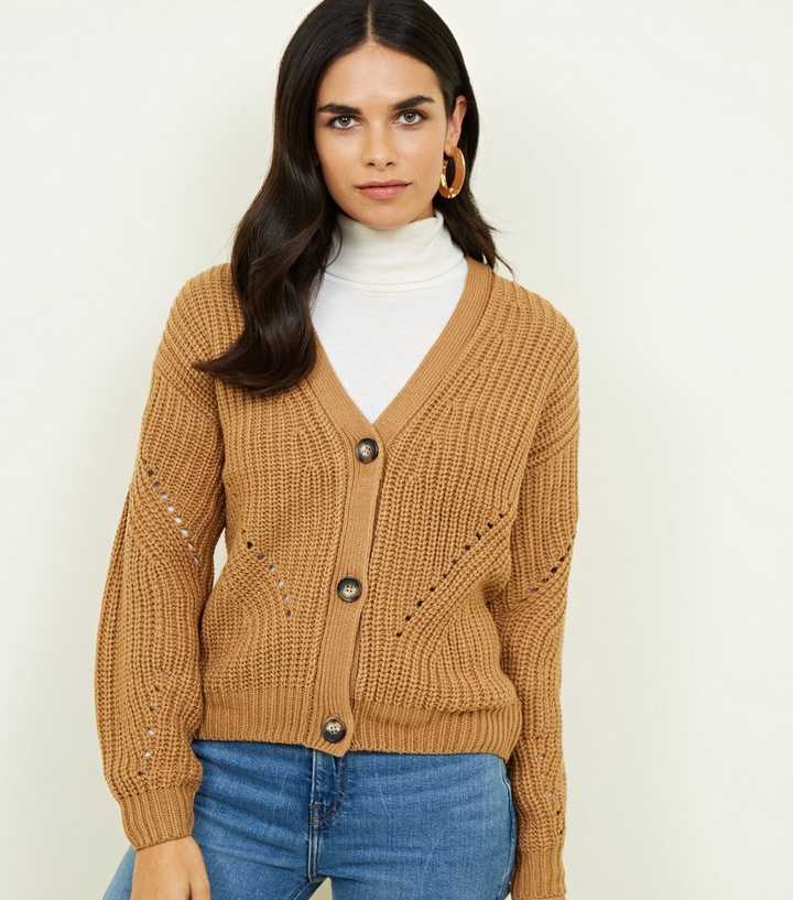 Camel Chunky Pointelle Knit Cardigan