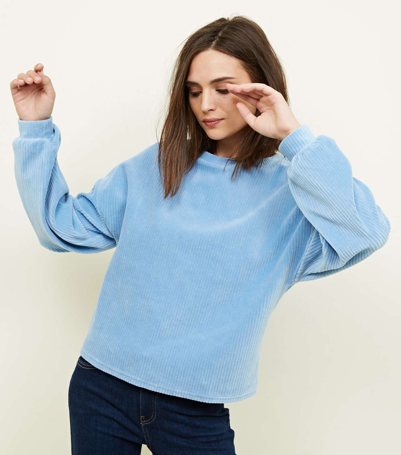 Pale Blue Ribbed Chenille Balloon Sleeve Top
