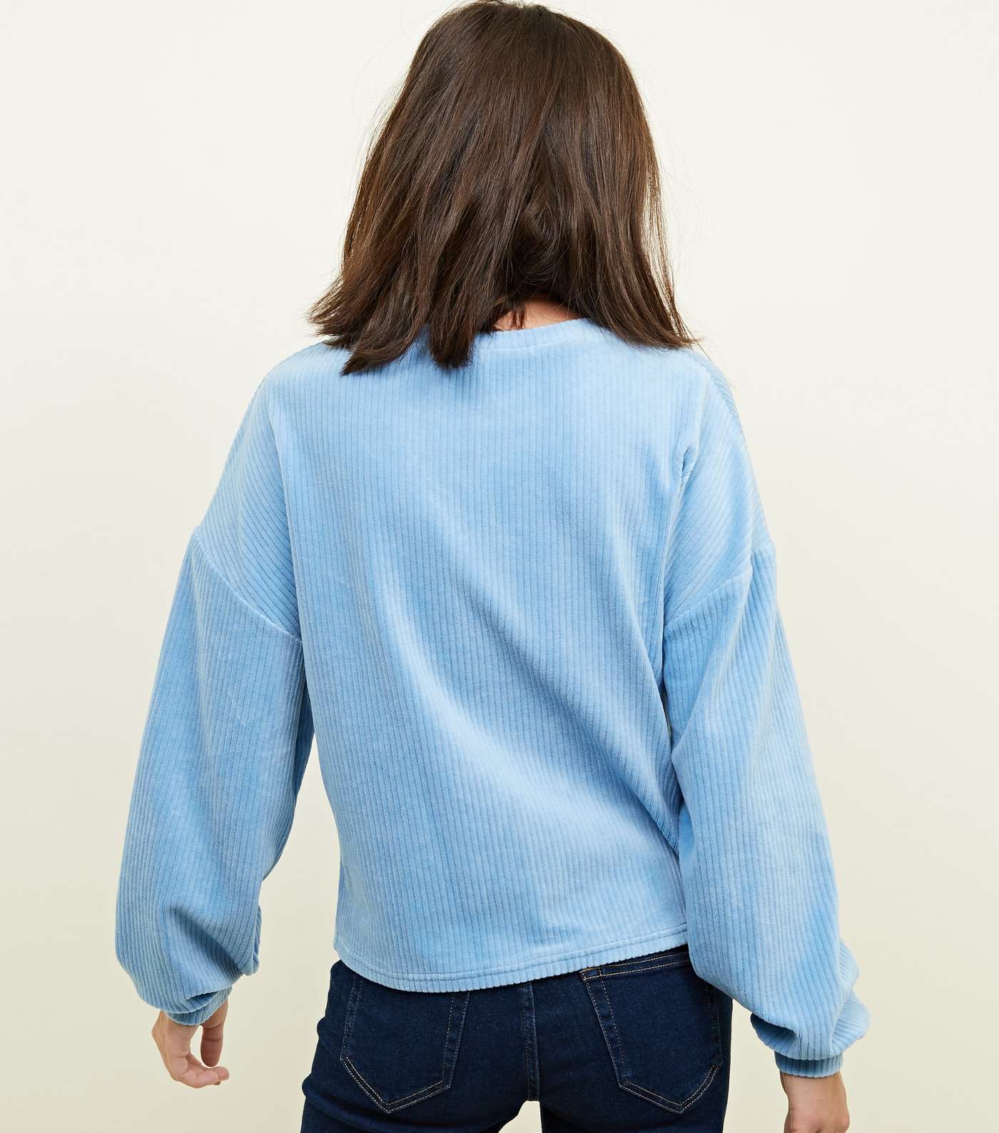 Pale Blue Ribbed Chenille Balloon Sleeve Top Image 3