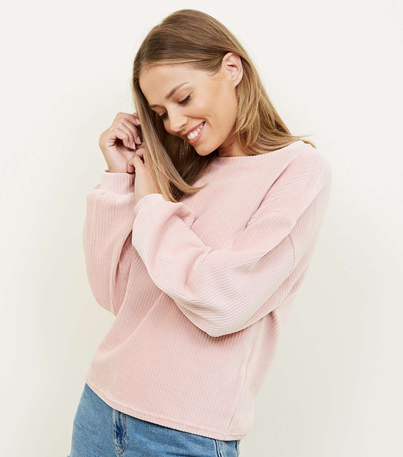 Pale Pink Ribbed Chenille Balloon Sleeve Top