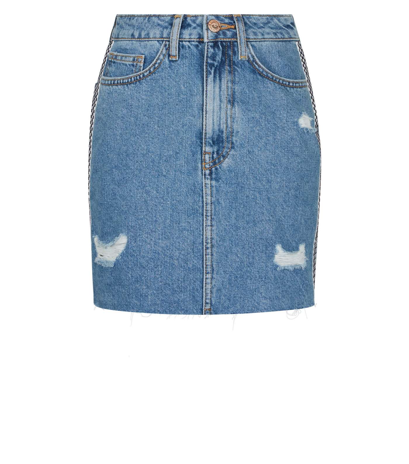Girls Blue Checkerboard Stripe Side Denim Skirt Image 4