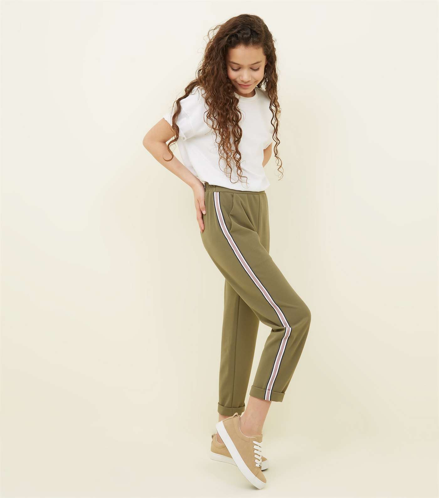 Girls Khaki Tape Stripe Side Tapered Trousers Image 5