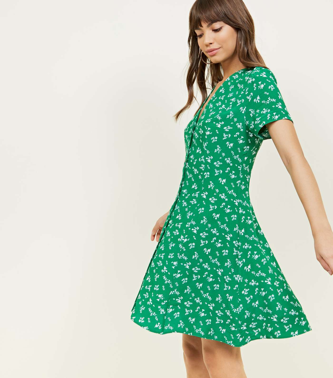 Green Ditsy Floral Button Front Mini Dress Image 6