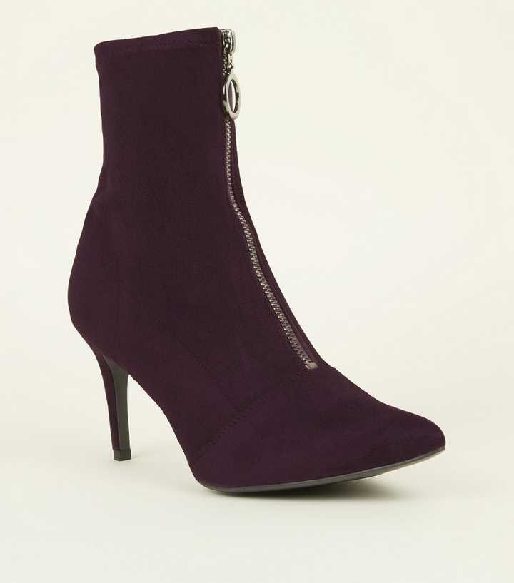 Dark Purple Zip Front Kitten Heel Sock Boots