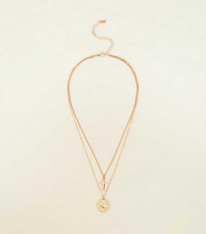 Gold Coin and Cross Layered Necklace