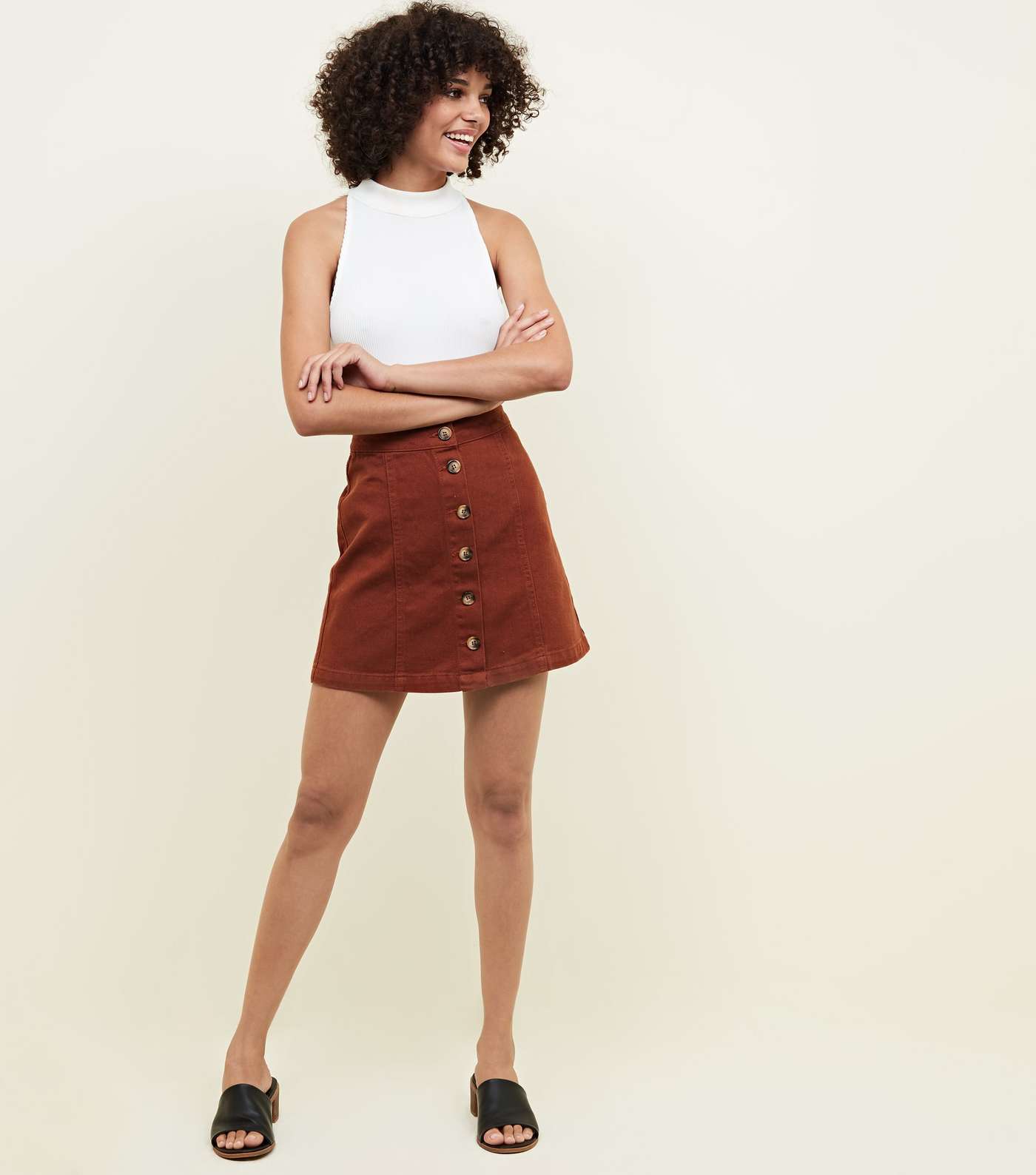 Brown Button Front A-Line Denim Skirt Image 2