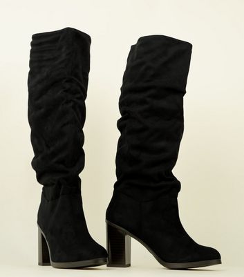 womens black block heel knee high boots