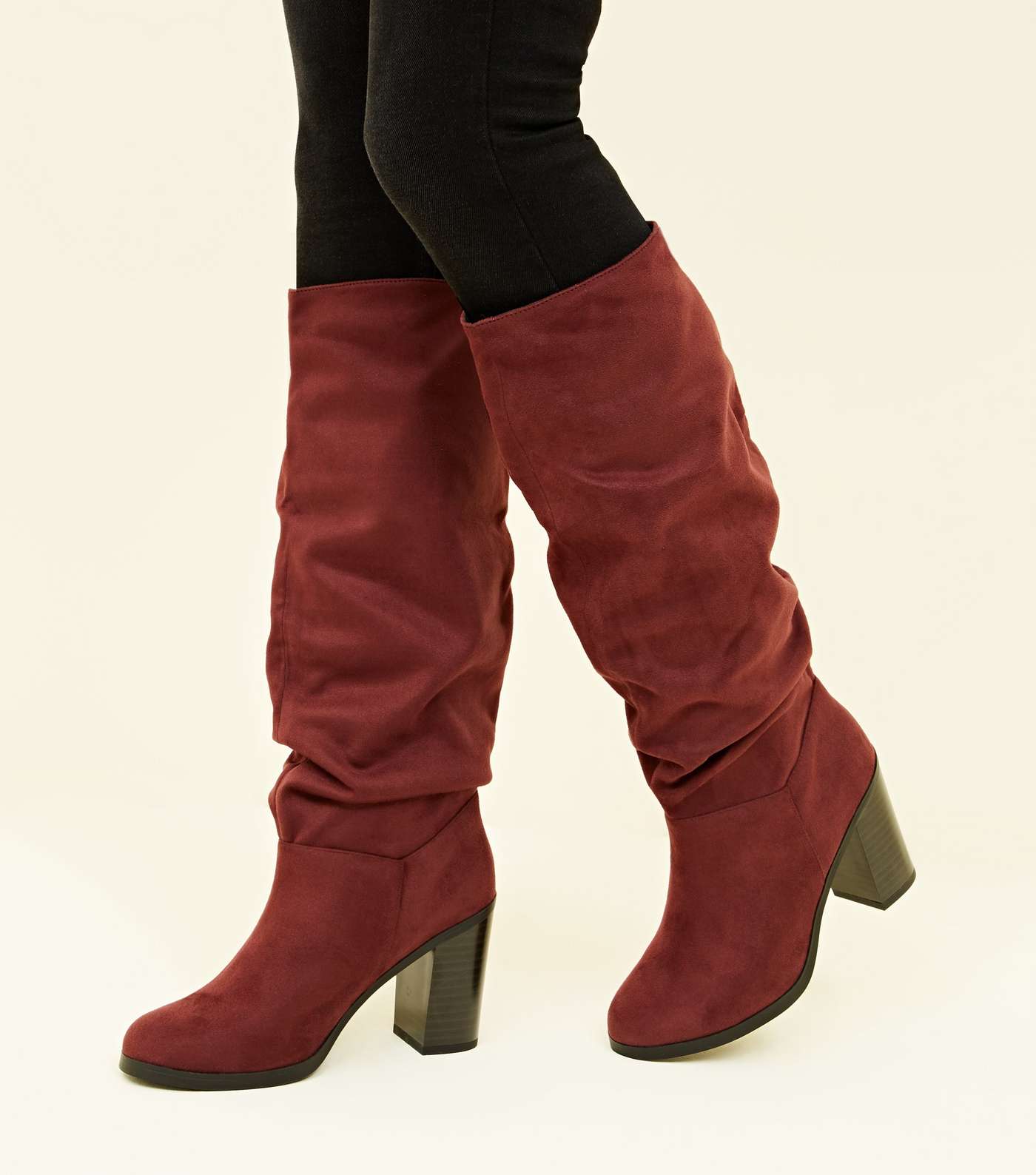 Dark Red Block Heel Knee High Boots  Image 2