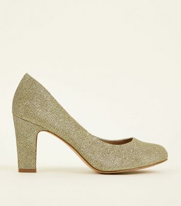 Wide Fit Gold Glitter Block Heel Court 