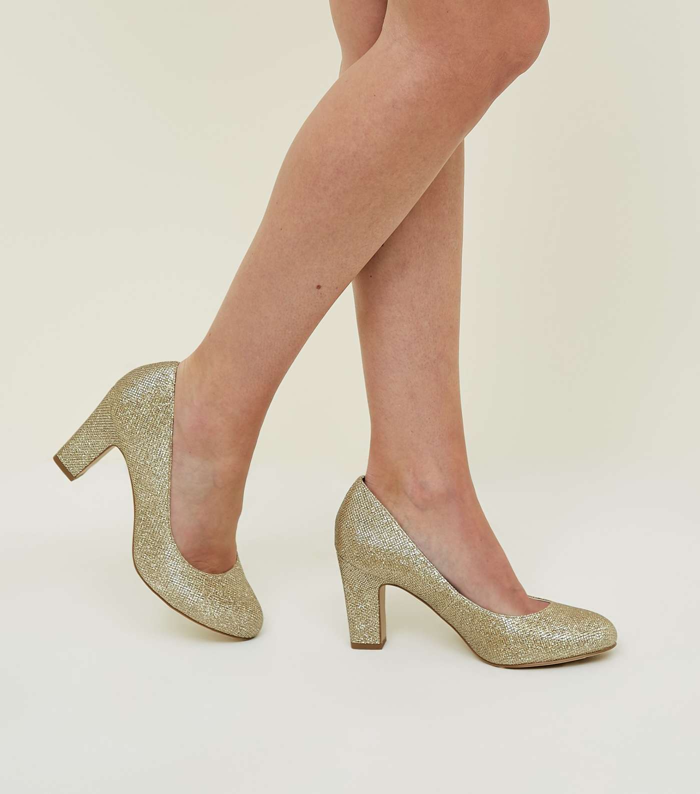 Wide Fit Gold Glitter Block Heel Court Shoes Image 2