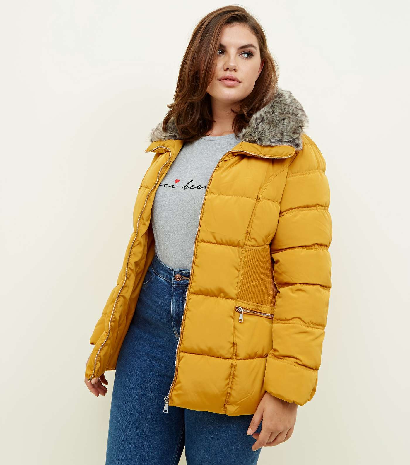 Curves Mustard Cinched Faux-Fur Collar Puffer Coat