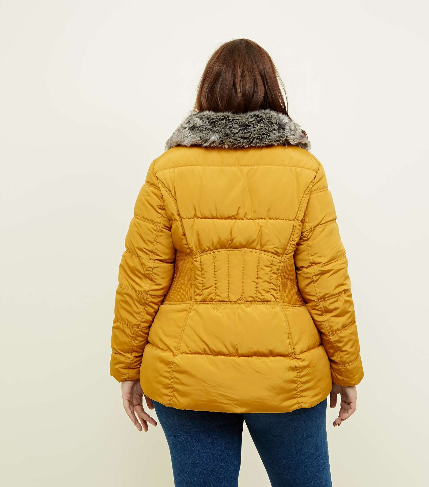 Curves Mustard Cinched Faux-Fur Collar Puffer Coat Image 3