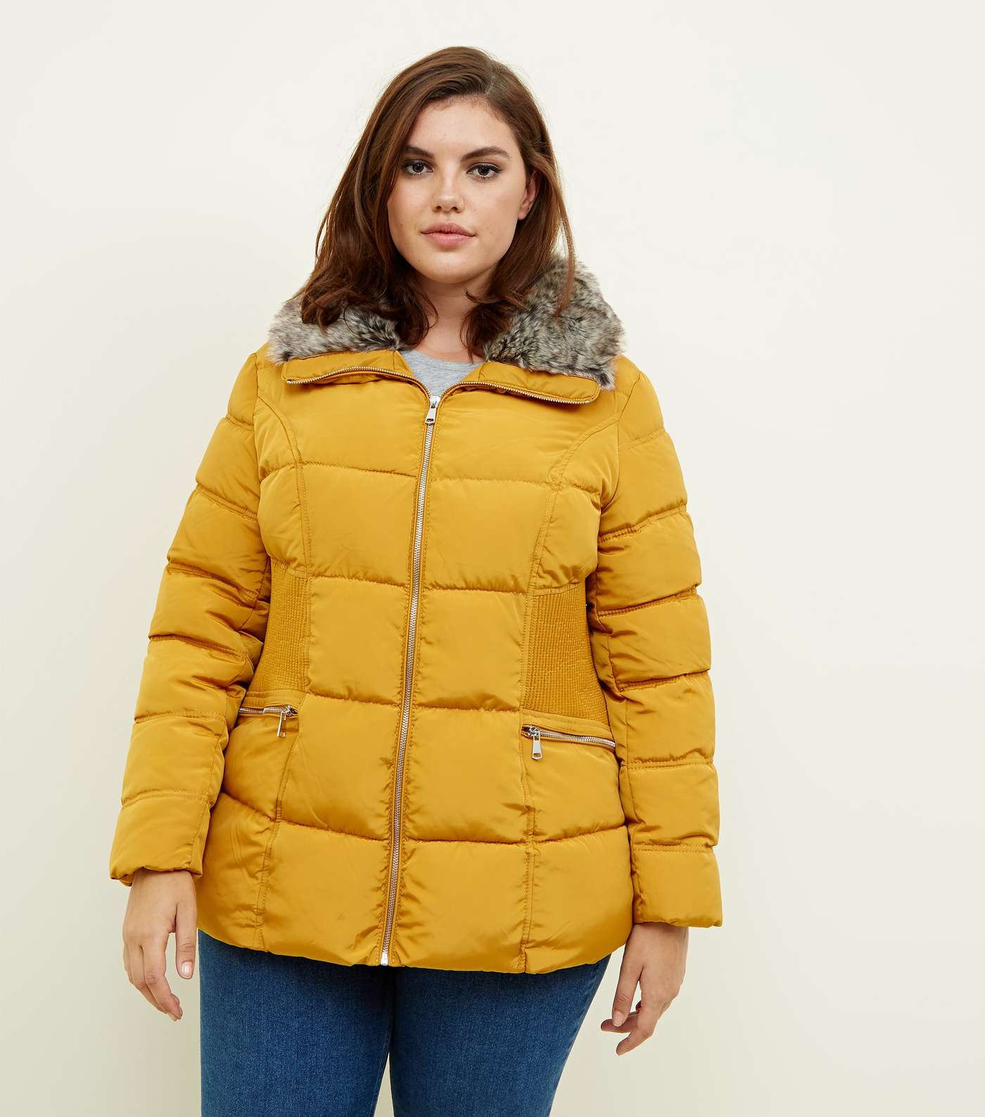 Curves Mustard Cinched Faux-Fur Collar Puffer Coat Image 5