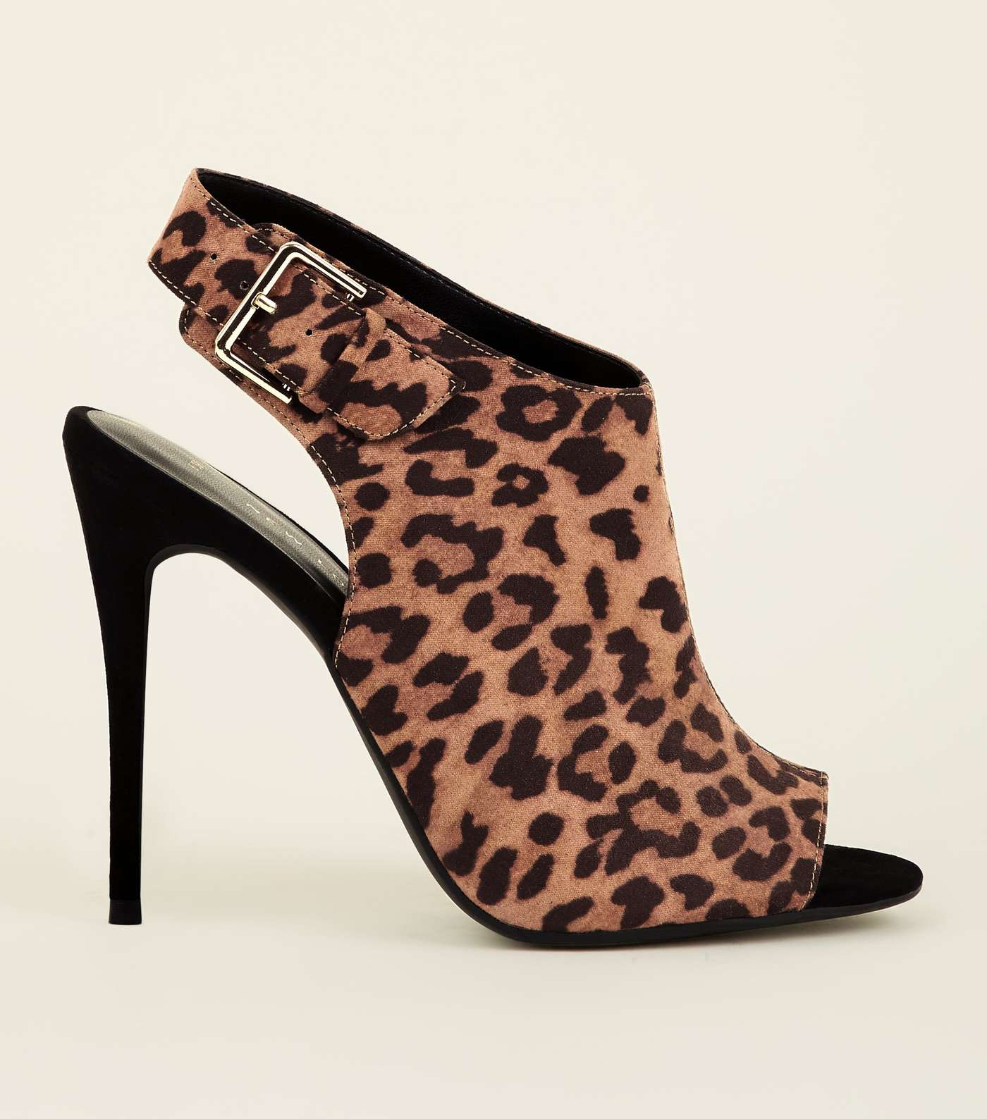 Leopard Print Suedette Buckle Ankle Strap Peep Toe Stilettos