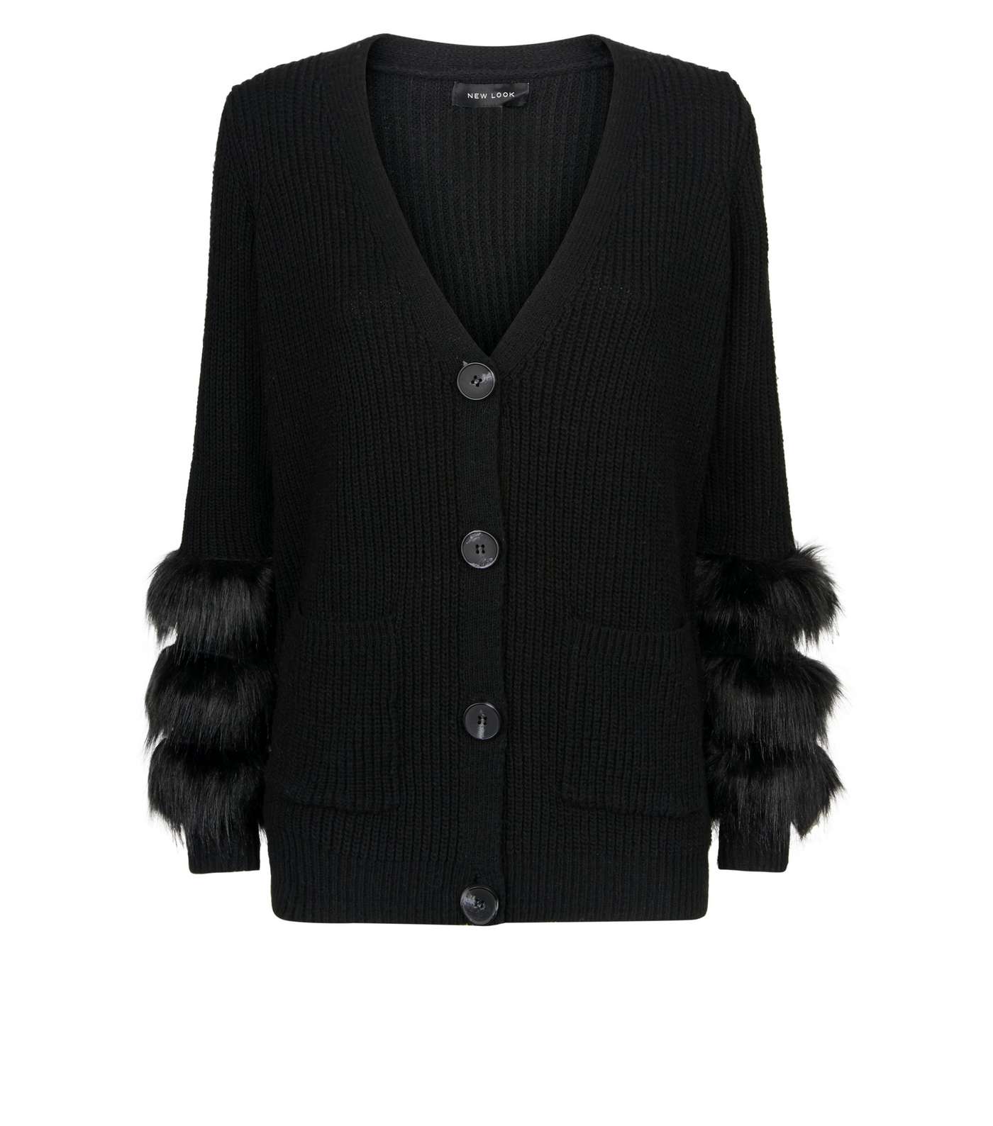 Black Knit Faux Fur Cuff Cardigan Image 4