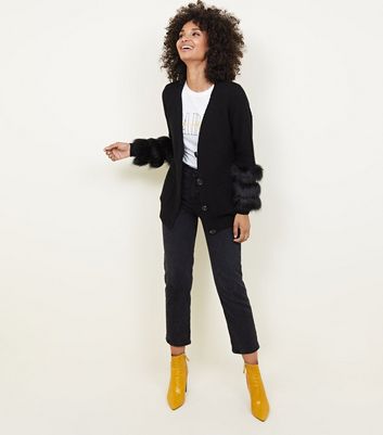 Black Knit Faux Fur Cuff Cardigan | New 