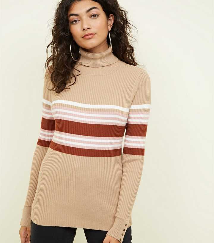 Camel Ribbed Stripe Roll Neck Top