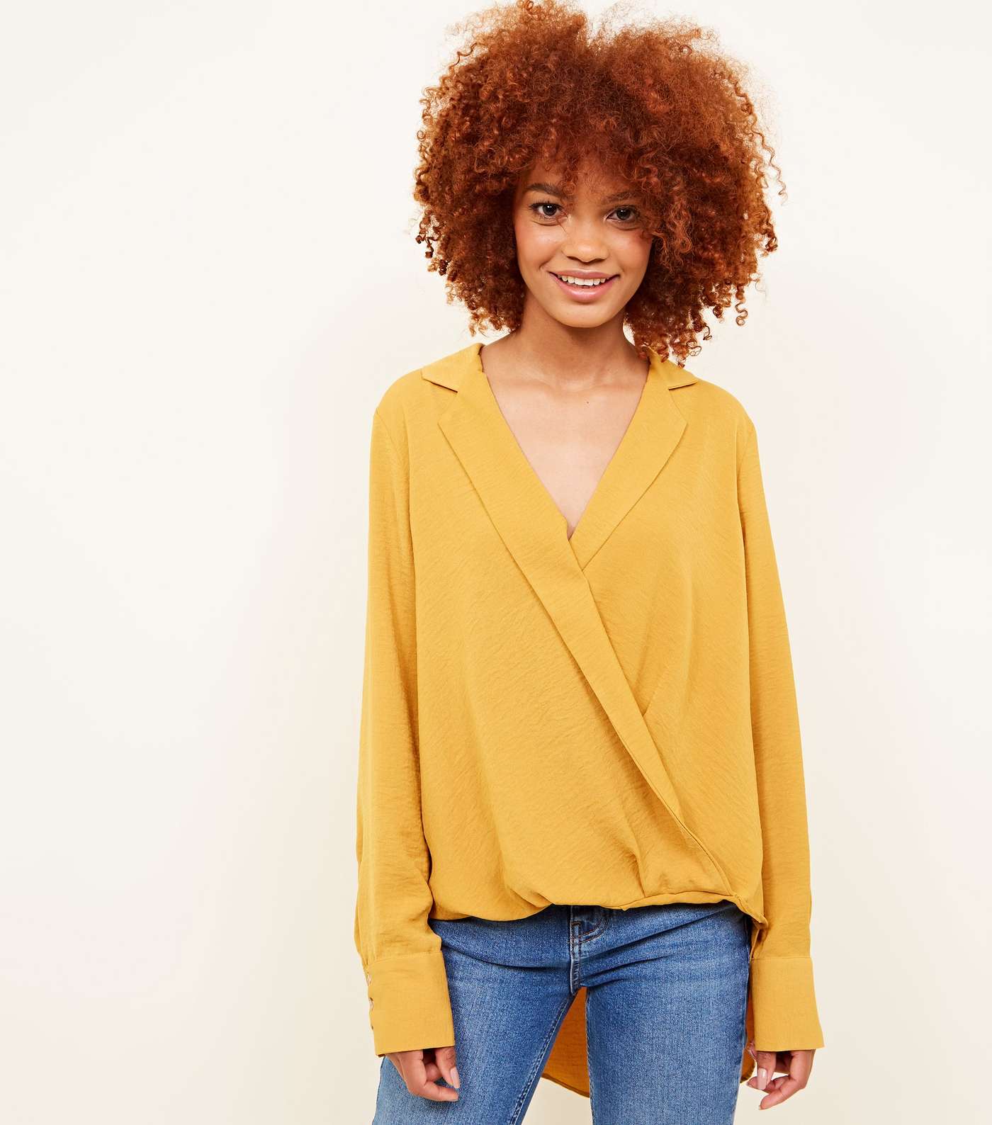 Mustard Wrap Front Revere Collar Top
