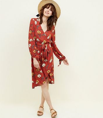 new look midi wrap dress in rust