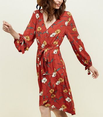 new look midi wrap dress in rust